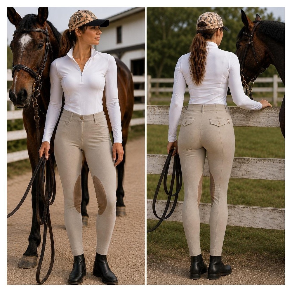 Ovation Air Stretch Riding Breeches Tan Suede Knee Patch Hook Tab 30R